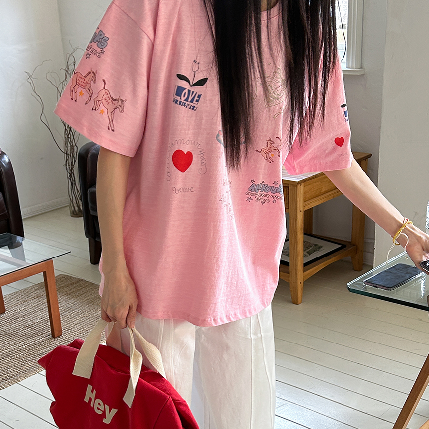 直邮 韩国代购官网女装 sibuya 松弛感休闲趣味印花短袖T恤