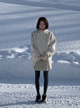 韩国代购官网正品 Dearest 复古双排扣翻领羊毛毛呢外套 中长款