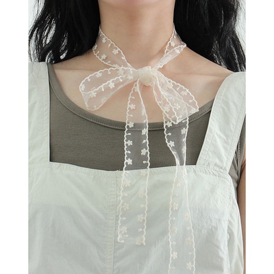 韩国代购细窄长条刺绣蕾丝围巾女