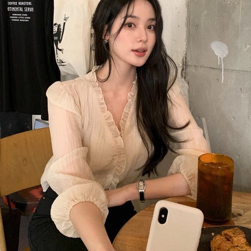 韩代购轻薄微透甜美褶边褶皱衬衫