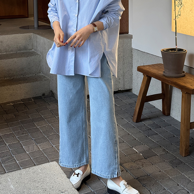 直邮 韩国代购官网女装Holicholic 宽松直筒拉链开叉九分牛仔裤