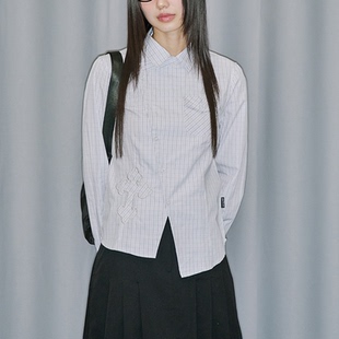 韩国代购 斜襟格纹衬衫 官网女装 高智风十字贴花修身 Musinsa 直邮
