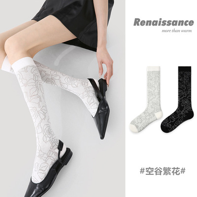 Renaissance原创女袜春夏季黑色花卉少女风袜子女潮流百搭小腿袜