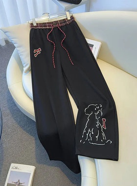花灰色小狗刺绣拼接休闲裤女2025春秋季新款垂感宽松直筒阔腿裤