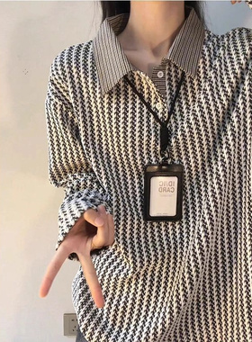 深灰色鱼骨纹长袖polo衫男女秋冬拼接千鸟格卫衣重磅复古宽松上衣