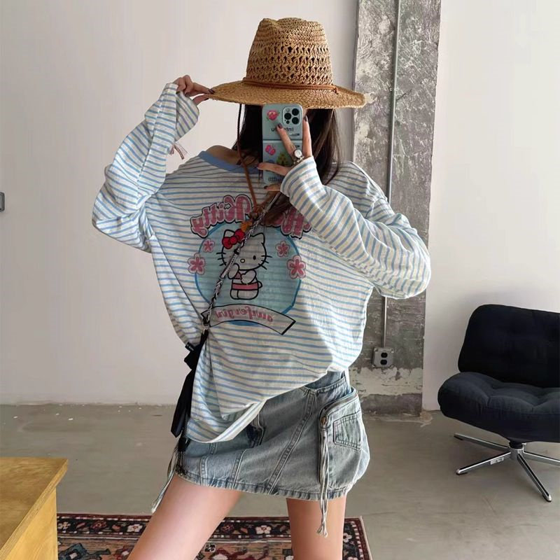 现货~新正反两面穿卡通印花宽松微透休闲长袖防晒衫甜美T恤女上衣