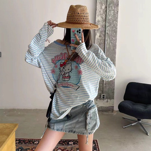 现货 甜美T恤女上衣 新正反两面穿卡通印花宽松微透休闲长袖 防晒衫