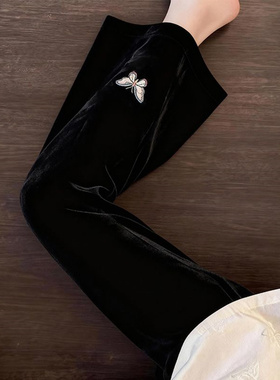 2026超好看黑色丝绒蝴蝶刺绣裤子女垂坠感高腰微喇加绒加厚阔腿裤