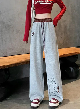 春秋百搭小狗刺绣灰色卫裤女新款高腰束脚宽松显瘦休闲阔腿运动裤
