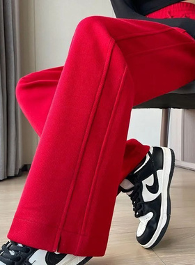 红色窄版阔腿裤女春秋2025新款高腰显瘦垂感休闲香蕉裤宽松运动裤