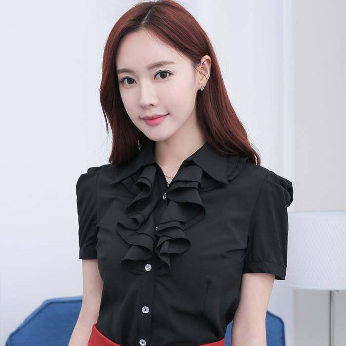 夏季韩版翻领白色衬衫女短袖 荷叶花边职业装修身打底衫雪纺上衣|msdalam kategori Butik wanita / wanita, shirt - dari Buy2taobao.com untuk memberikan perkhidmatan ejen Taobao profesional membeli