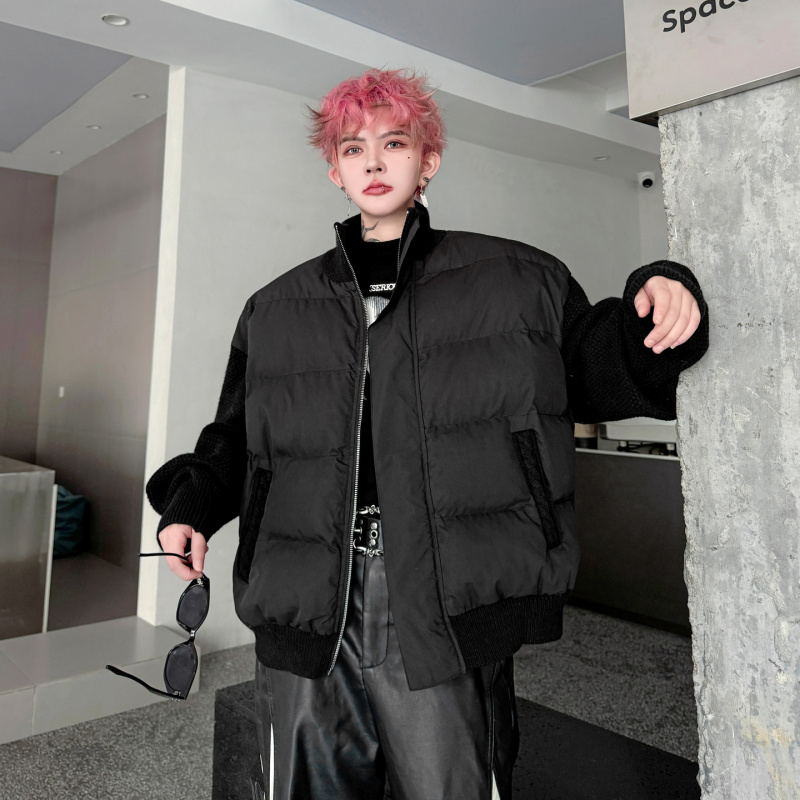 2025冬装韩系纯色拼接针织袖宽松加厚棉衣男外套立领保暖痞帅棉服