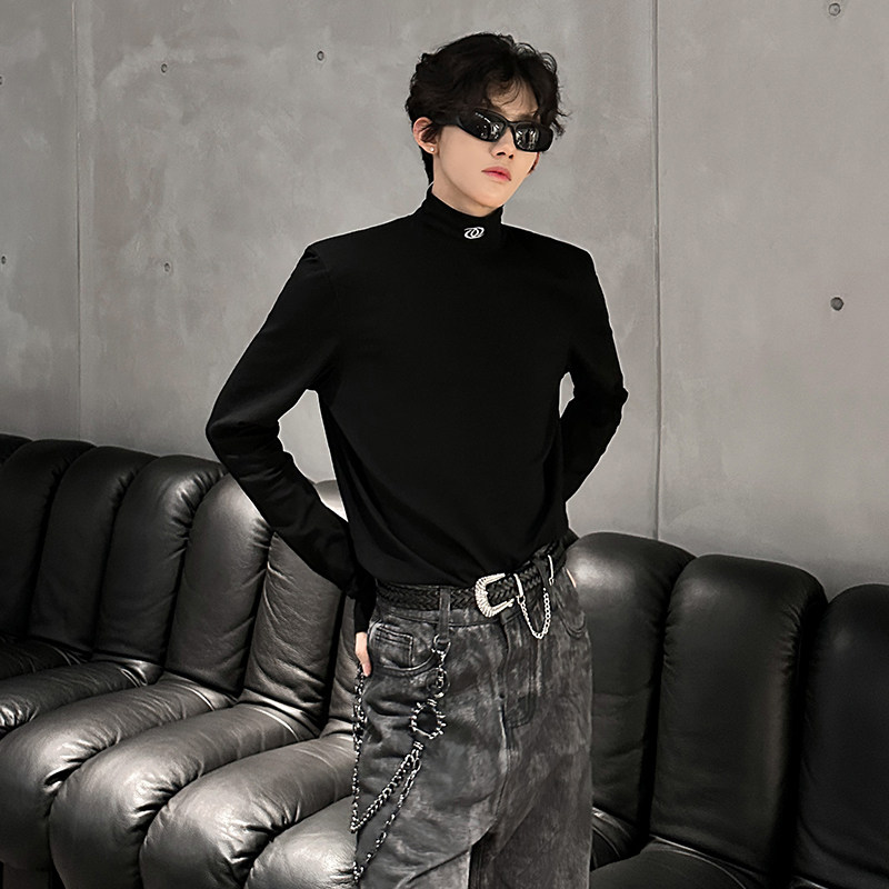 秋冬黑色cleanfit半高领垫肩t恤男长袖设计感高级痞帅套头打底衫