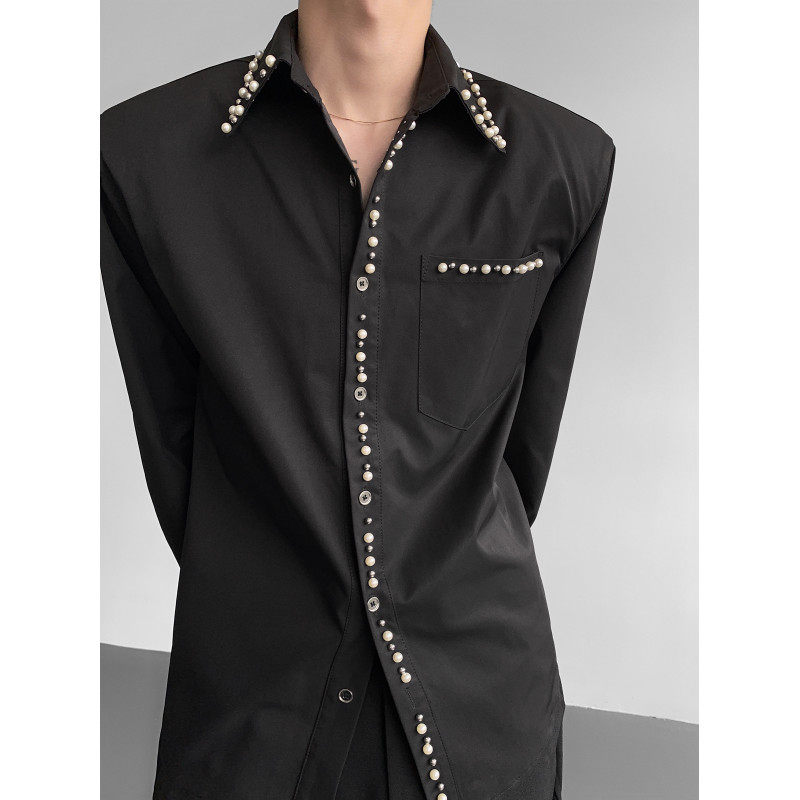 秋季暗黑系高级感痞帅小众珍珠重工男士垫肩衬衫长袖男模穿搭上衣