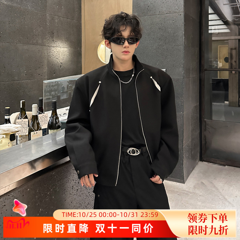 秋季高级感痞帅短款解构小众黑色外套男垫肩撞色立领夹克韩版休闲
