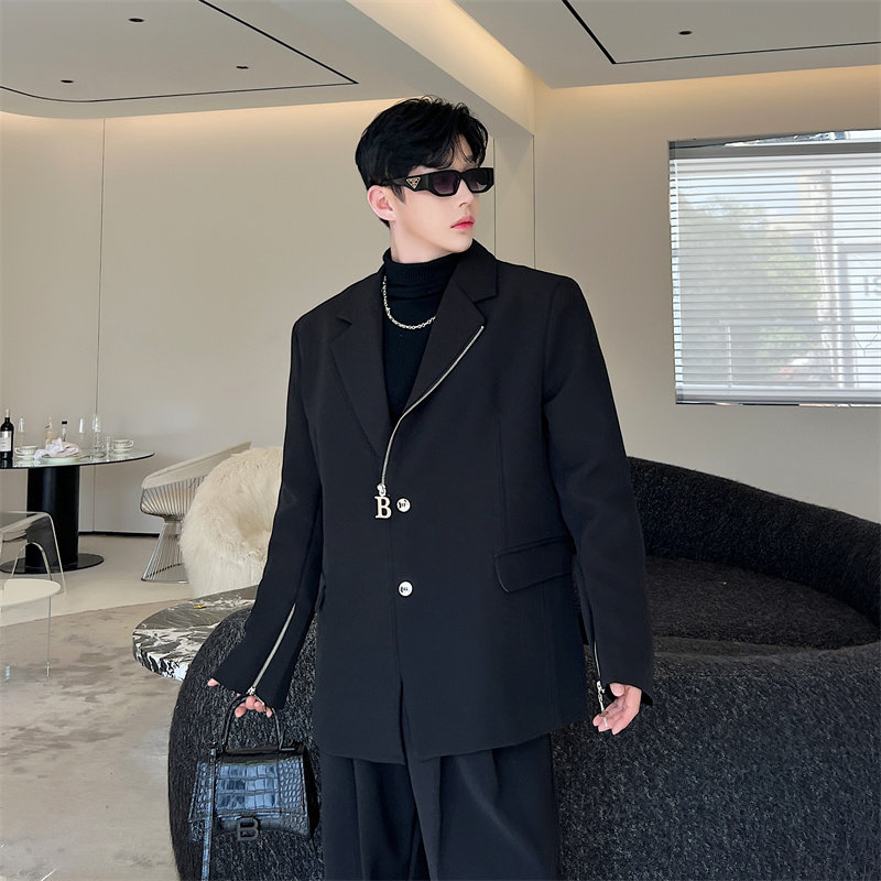 秋季小众拉链解构高级感垫肩西装男韩版黑色网红炸街痞帅西服外套