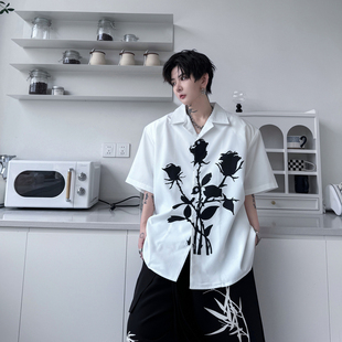 夏季小众洋气黑玫瑰印花古巴领垫肩短袖衬衣男痞帅高级感半袖衬衫