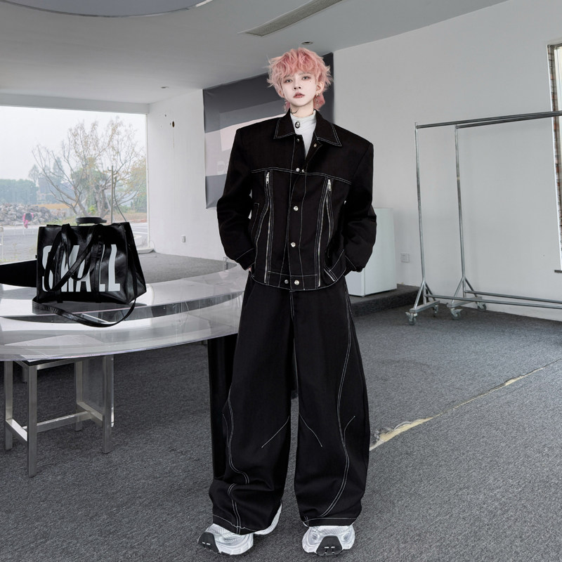 2025春装小众拉链解构设计感垫肩夹克套装男高级感阔腿长裤两件套