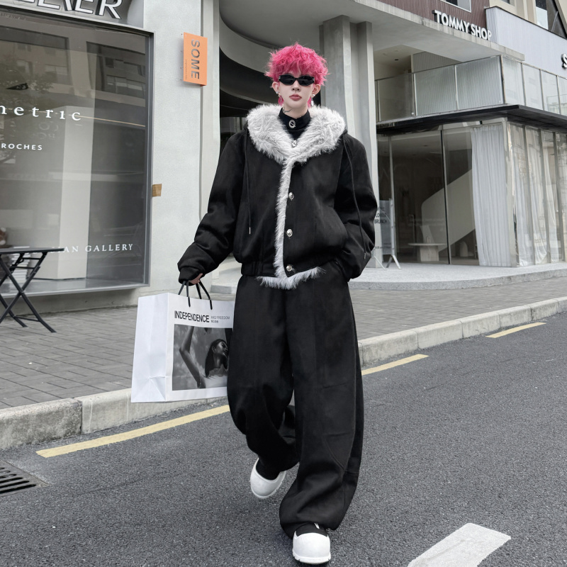 冬装cleanfit座山雕毛领连帽夹克棉服男加厚保暖美式阔腿裤两件套