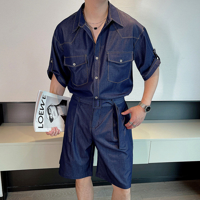 여름 드레이프 주름 방지 텐셀 데님 반팔 셔츠 정장 남성 작업복 하이 엔드 잘 생긴 반바지 투피스 트렌디 세트