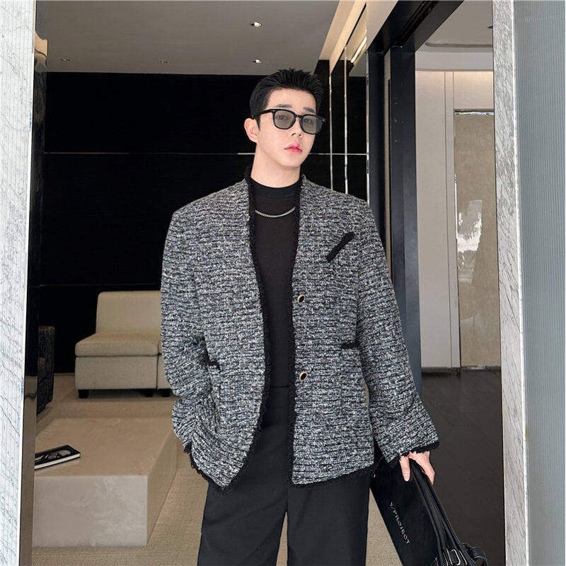 春季手工花纱拉毛弧形立领粗花呢西装外套男高级感痞帅开衫夹克潮
