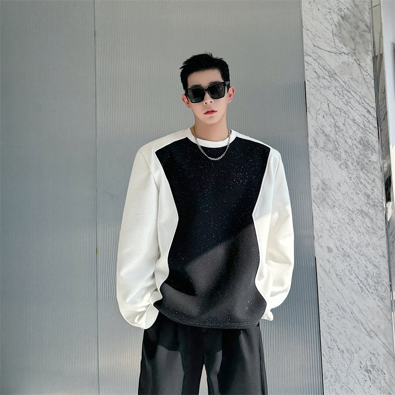 春装小众黑白撞色亮闪闪垫肩卫衣男长袖宽松廓形高级感上衣外套潮