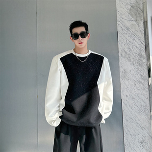 春装 宽松廓形高级感上衣外套潮 小众黑白撞色亮闪闪垫肩卫衣男长袖