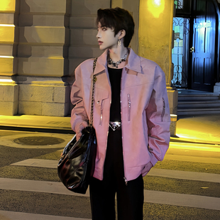 秋冬粉色时尚垫肩皮衣女设计感短夹克男痞帅网红高级感机车服外套