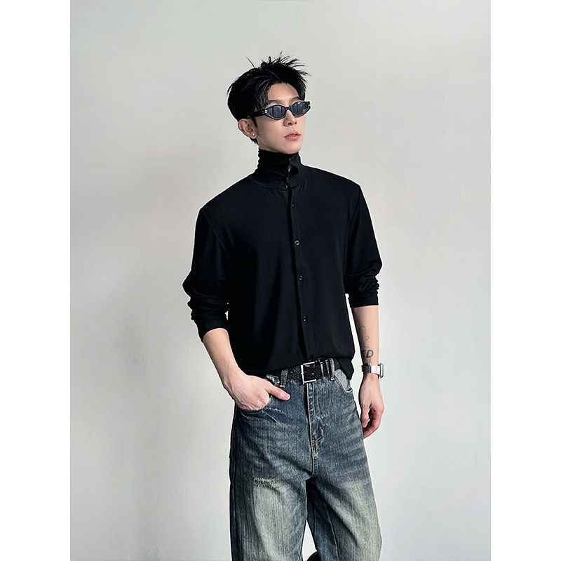 2026春季小众软糯复古高领T恤男开衫设计感针织衫老钱风长袖内搭