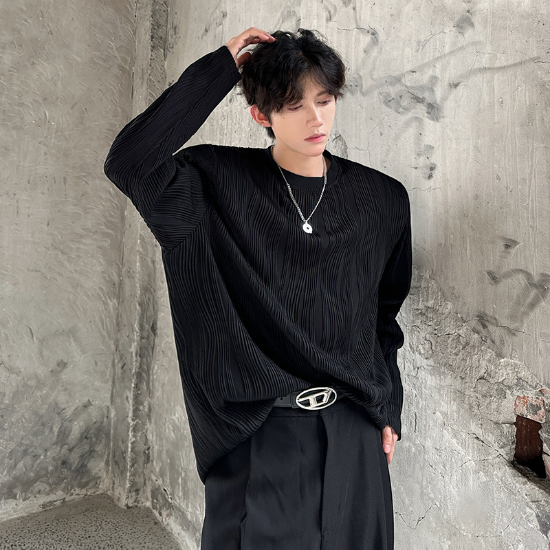 秋季小众肌理感痞帅垫肩长袖T恤男韩版ins潮牌上衣痞帅宽松打底衫