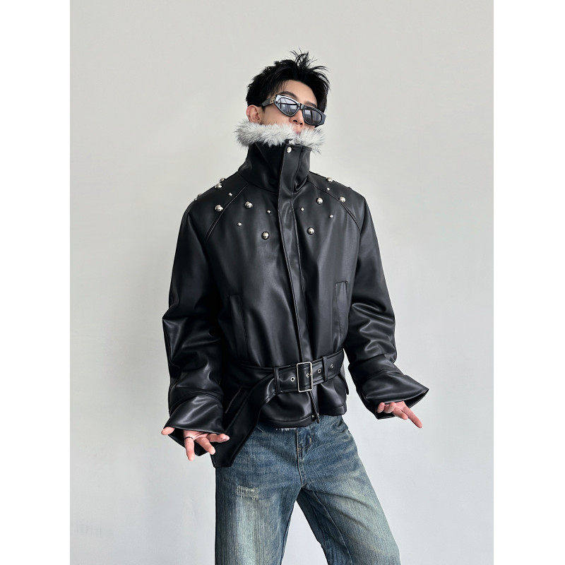 冬季美式高街仿狼毛毛领加厚棉服外套男加绒保暖铆钉高领短款皮衣