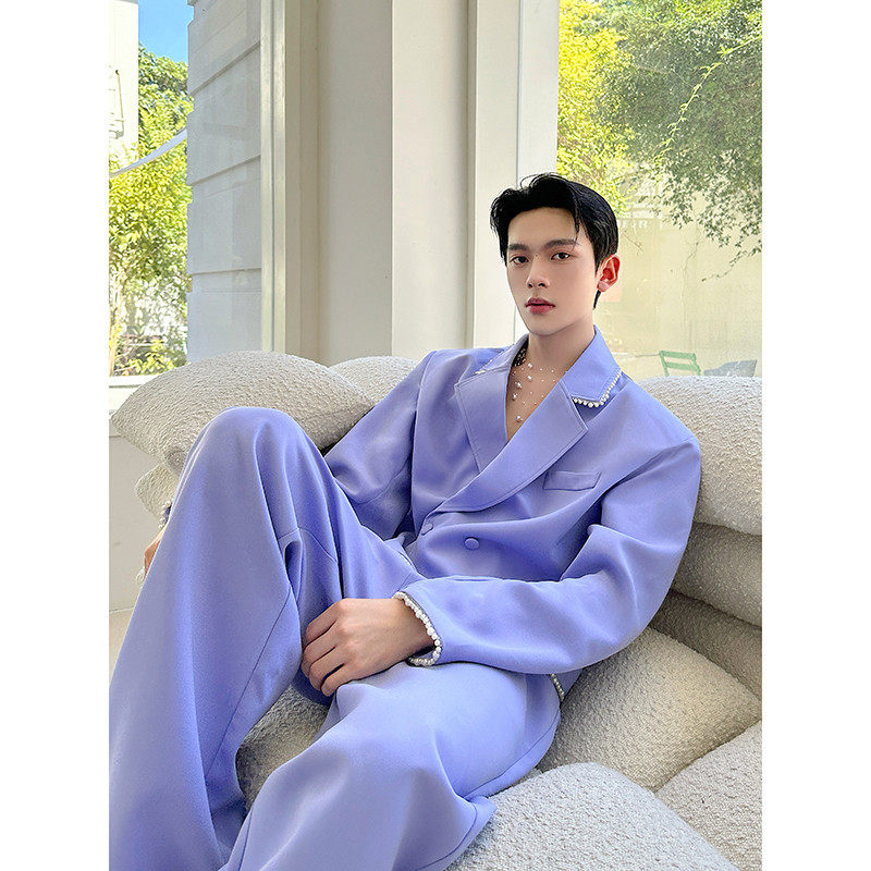 秋冬韩国小众钉珠装饰紫色短款西服套装男高级感气质阔腿西裤一套