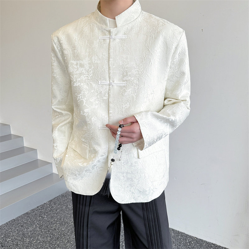 春季新中式提花暗纹珍珠盘扣新中式西服外套男设计感立领休闲西装,男装,唐装,淘宝优惠券,粉丝福利购,淘宝优惠卷