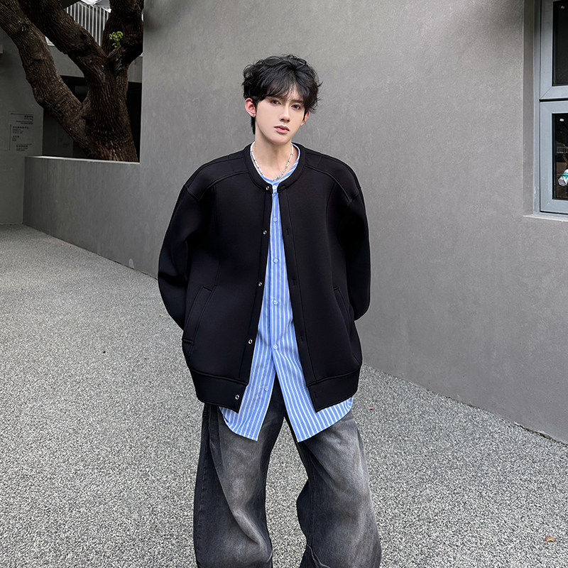 春装设计感蓝色条纹拼接假两件开衫夹克外套男高级感韩系穿搭上衣