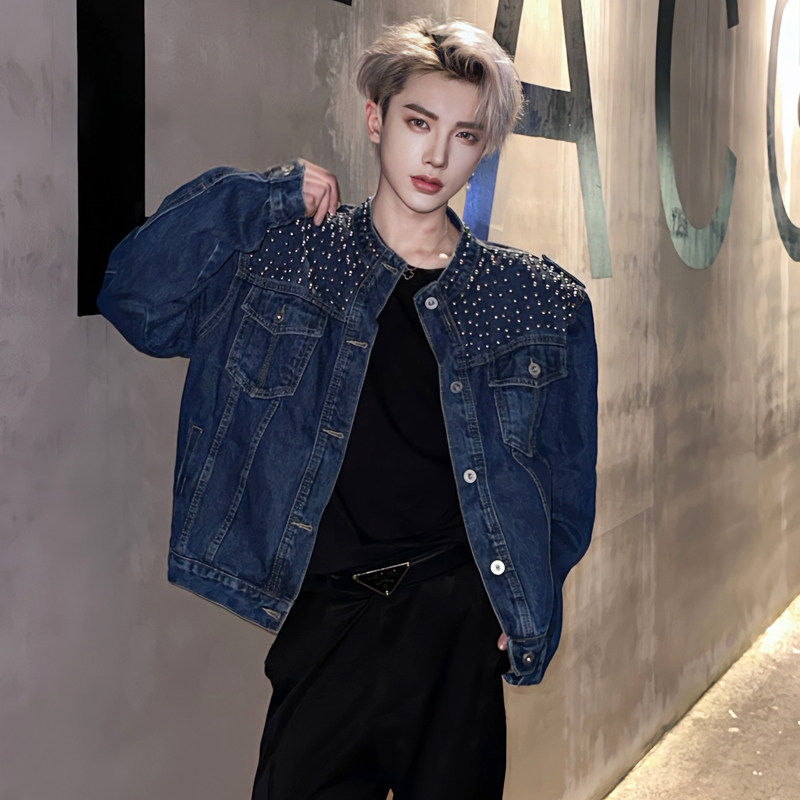 炸街明星同款钉珠短款牛仔夹克外套男高级感男模穿搭高街上衣痞帅,男装,夹克,淘宝优惠券,粉丝福利购,淘宝优惠卷