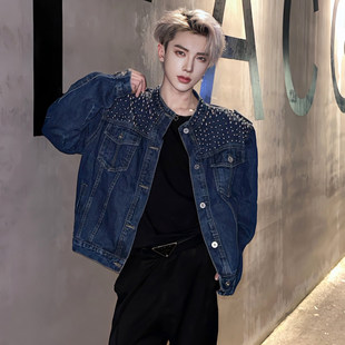 炸街明星同款钉珠短款牛仔夹克外套男高级感男模穿搭高街上衣痞帅