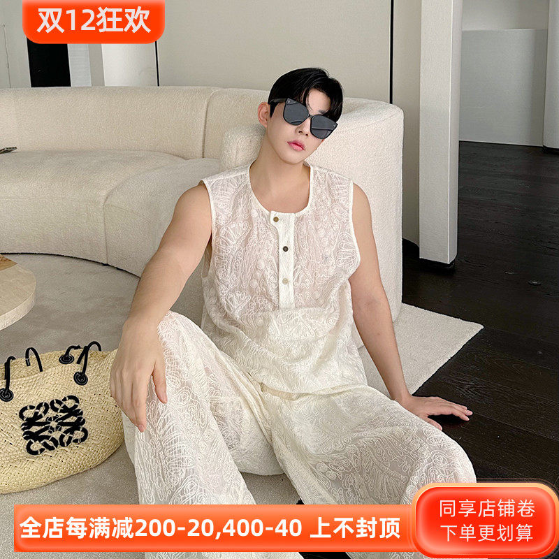 24SS 여름 코튼 자수 혼합 마이크로 투명 조끼 조끼 탑 세트 얇은 중공 와이드 레그 팬츠 투피스 세트