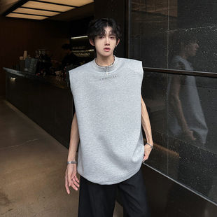 夏季坎肩无袖垫肩美式T恤男短袖cleanfit高级感背心灰色重磅休闲