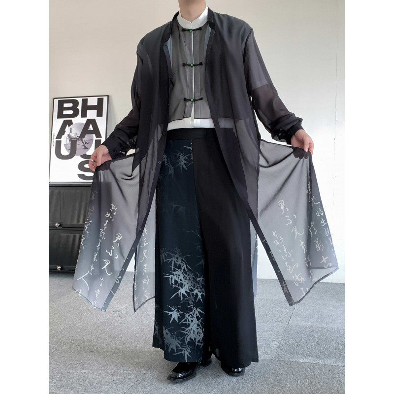 夏季新中式墨色书法渐变披风外搭汉服男女无性别国风网纱长款长衫