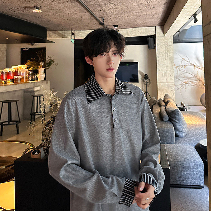 小众衬衫领条纹拼接设计感polo衫上衣男宽松轻熟风长袖T恤卫衣潮