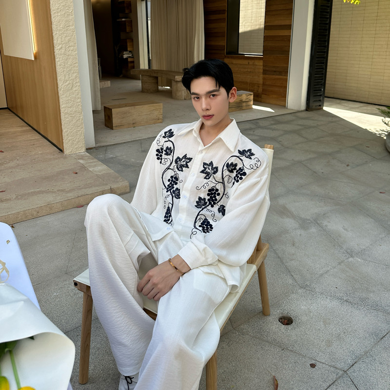 春夏新款重工刺绣棉麻休闲长袖衬衫套装男坠垂高级感白色长裤痞帅