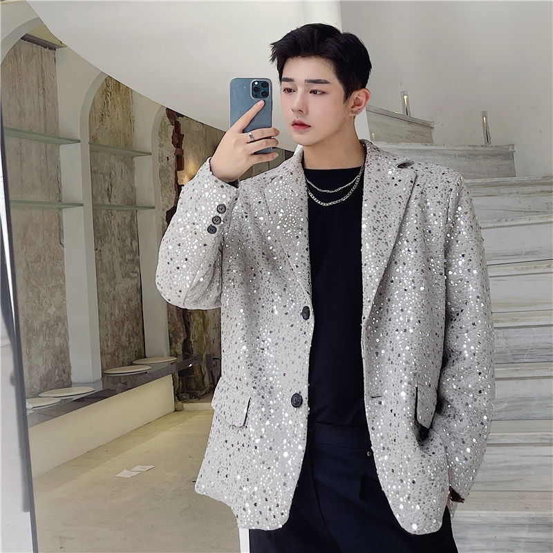 高级感炸街亮片西装男西服外套