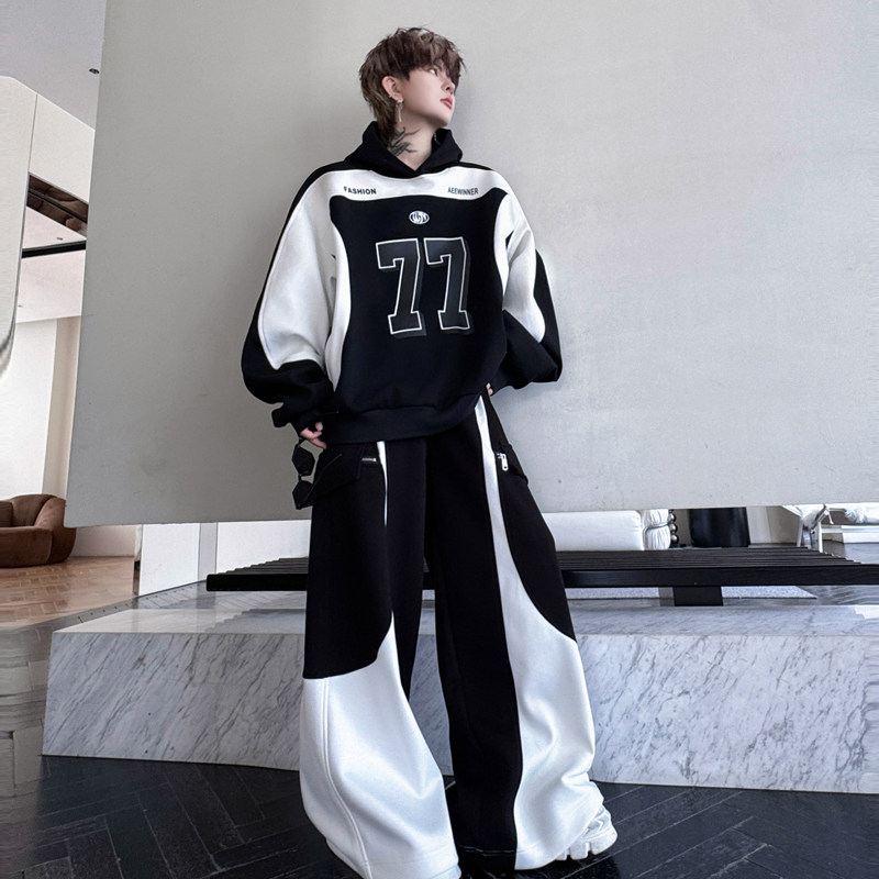 美式高街运动撞色连帽卫衣套装男痞帅休闲高级感潮牌赛车服阔腿裤,男装,休闲运动套装,淘宝优惠券,粉丝福利购,淘宝优惠卷
