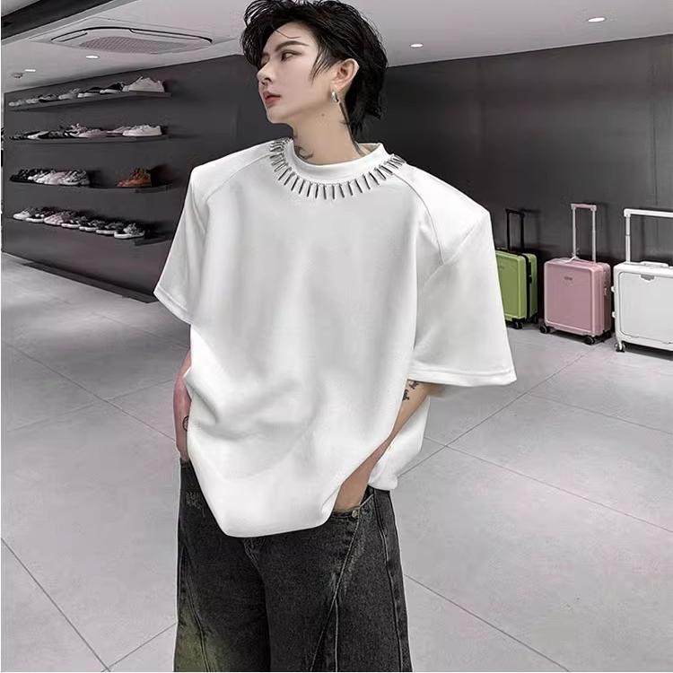 夏季小众领口手工钉珠装饰短袖T恤男垫肩小领口设计韩版重磅t恤潮