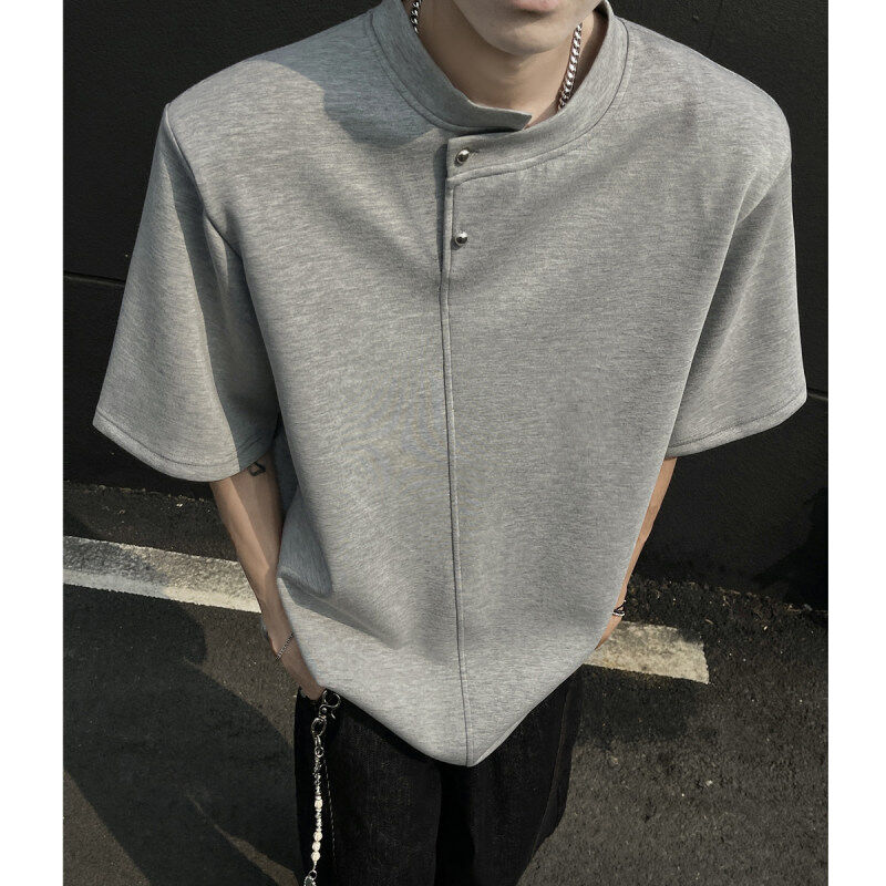 夏季垫肩小众金属钉扣设计潮男T恤休闲美式cleanfit重磅半袖上衣