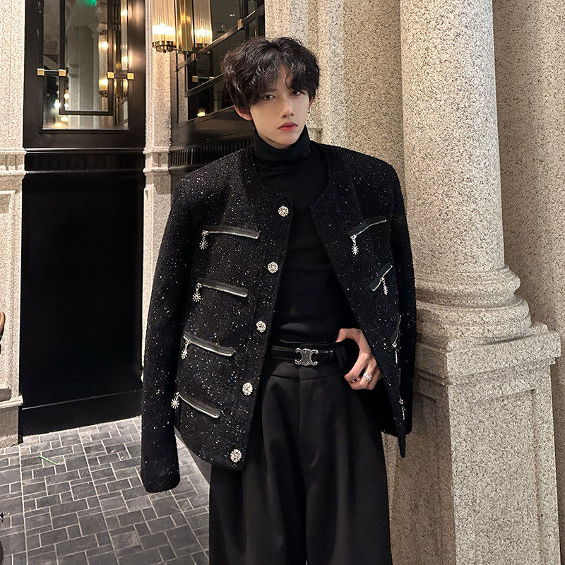 春秋款韩国时尚高级感痞帅亮片设计夹克男炸街轻奢气质小香风外套