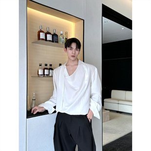 2026春夏法式气质荡领复古长袖衬衫男宽松设计感亚麻薄衬衣发型师