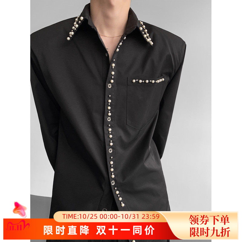 秋季暗黑系高级感痞帅小众珍珠重工男士垫肩衬衫长袖男模穿搭上衣