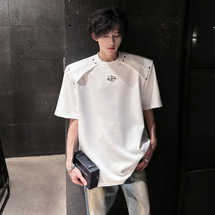 夏季小众解构垫肩正肩t恤男短袖美式金属装饰设计感重磅半袖上衣