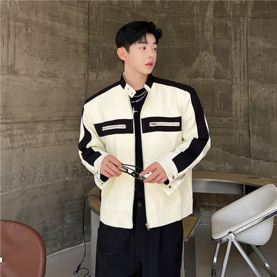 高级感撞色拼接小立领夹克男外套